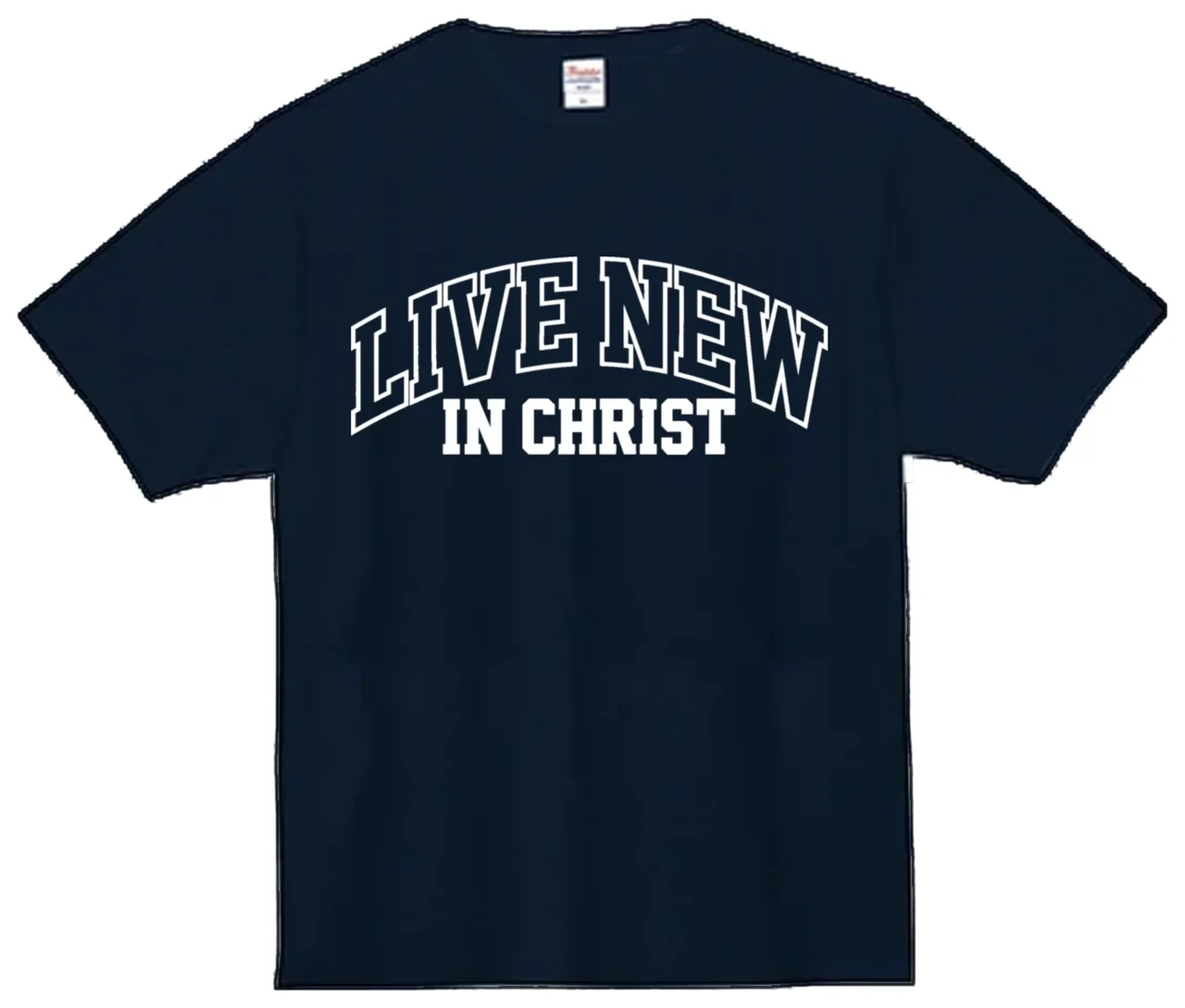 LIVE NEW IN CHRIST をプリントしたネイビーのクリスチャンTシャツ（College）