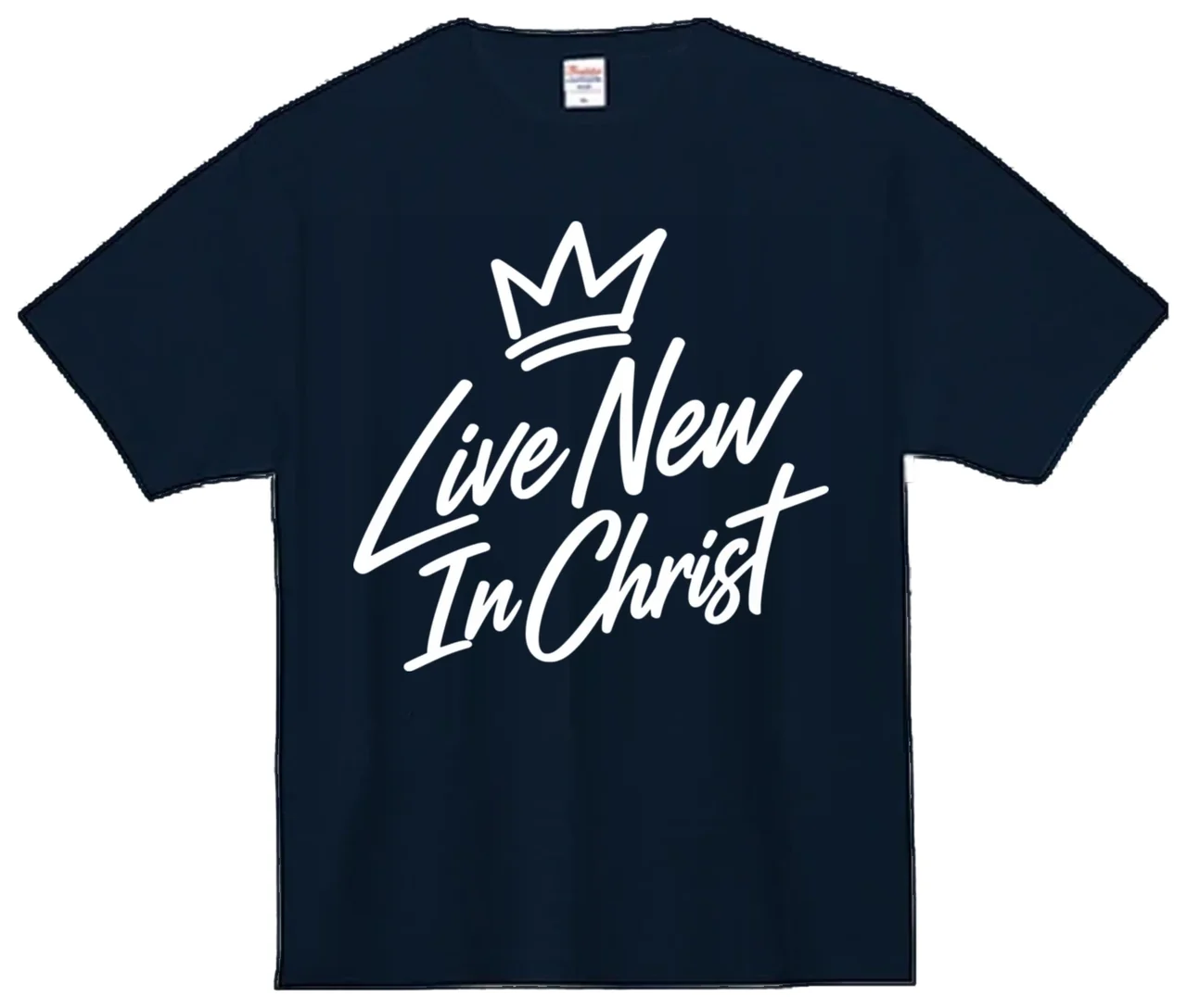 LIVE NEW IN CHRIST をプリントしたネイビーのクリスチャンTシャツ（Script）